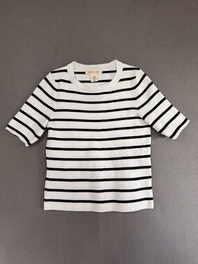 Happily Grey Black & White Striped Short Sleeve Knit Top